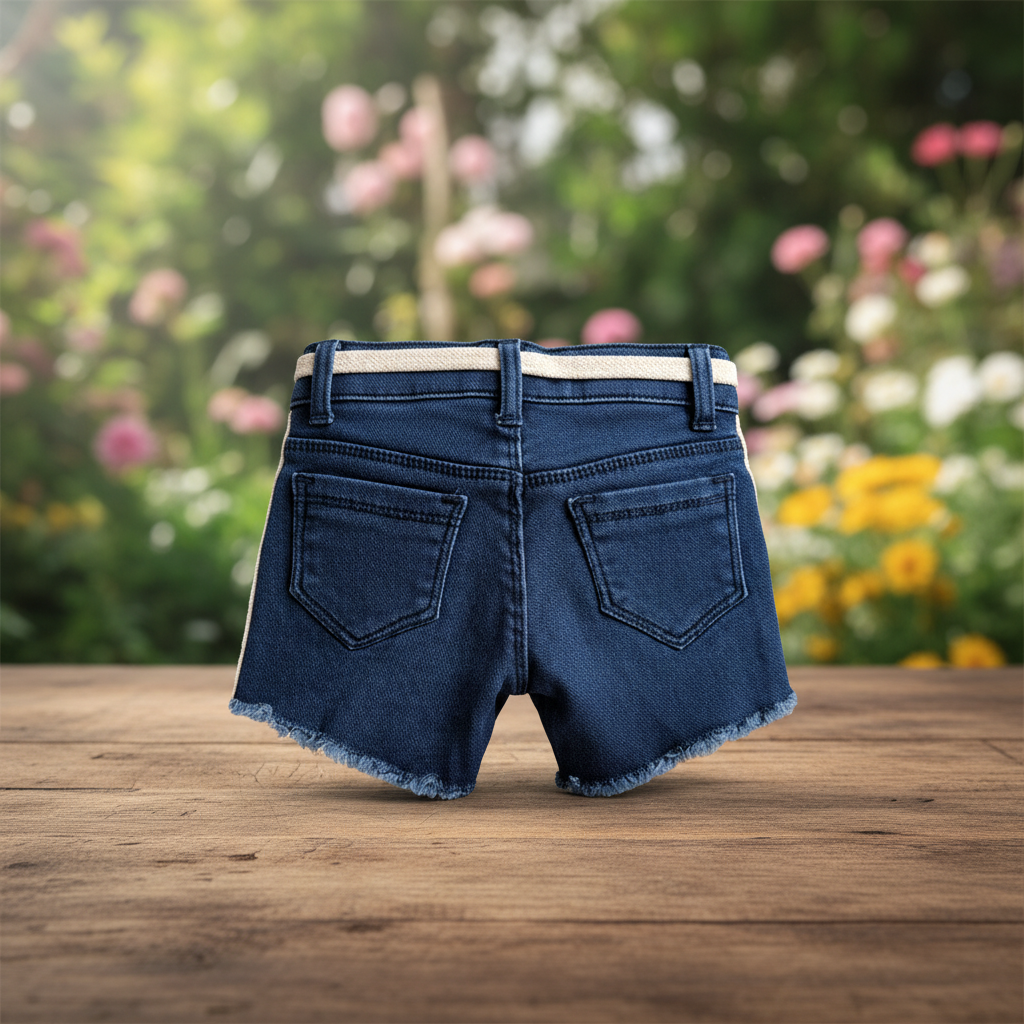 Girls denim shorts - back view rustic setting