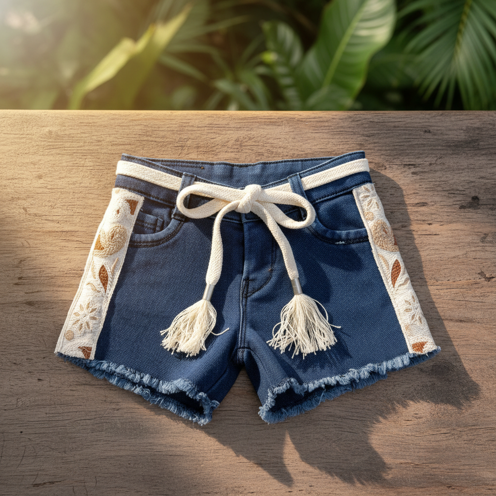 Girls denim shorts - rustic wooden background