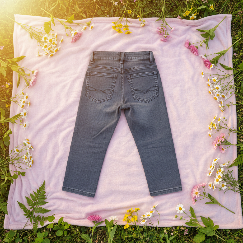 Grey denim jeans back view - lifestyle outdoor setting