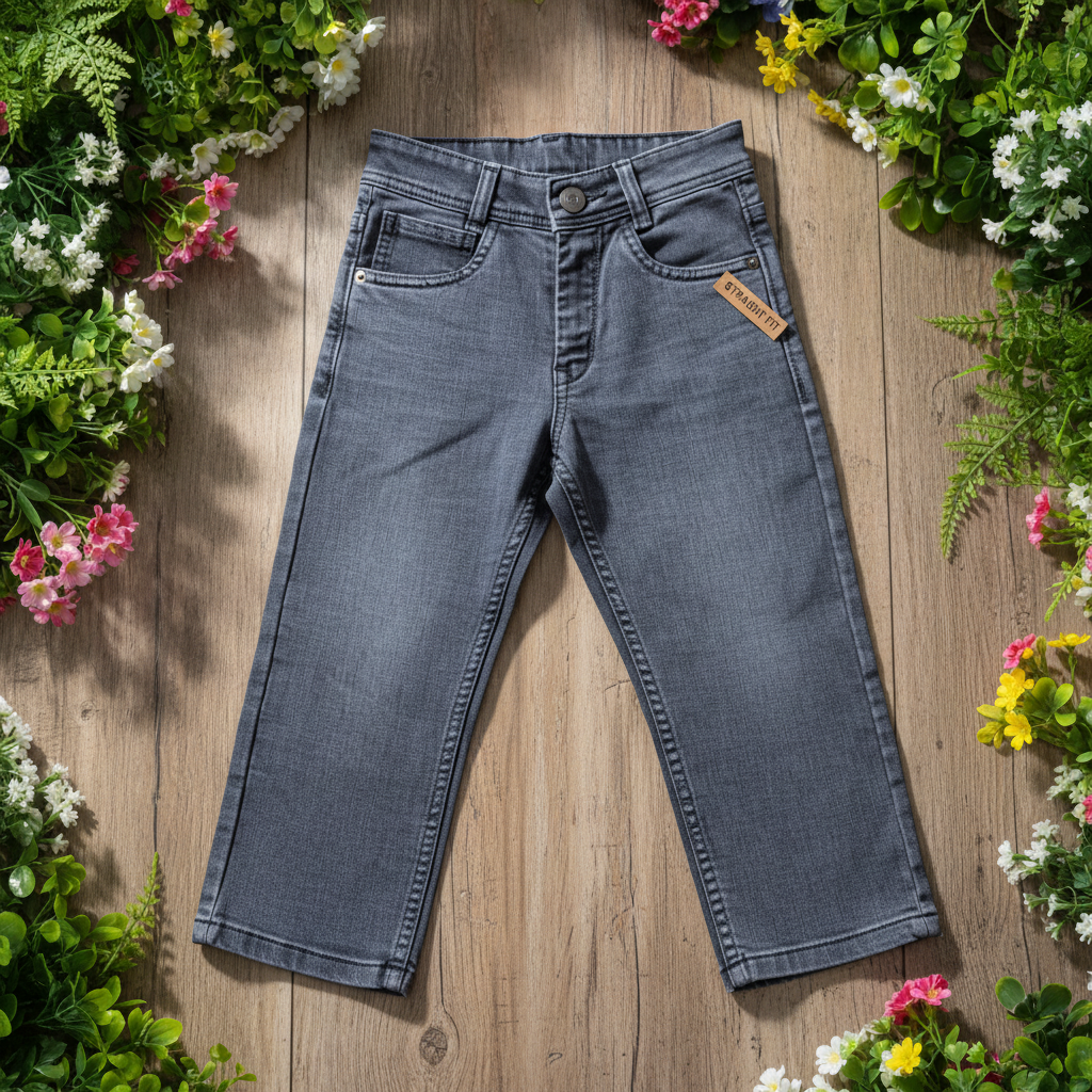 Grey denim jeans - rustic wooden background