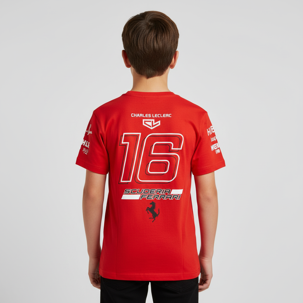 Healthy boy wearing Ferrari t-shirt - back fit