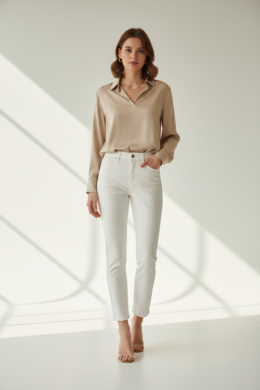 Women's White Slim Jeans - Model Photo