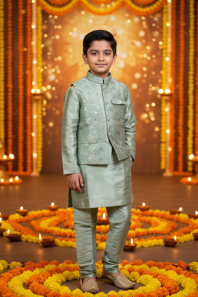 Boys Sage Green Kurta Koti Set – Indian boy model Diwali festival background