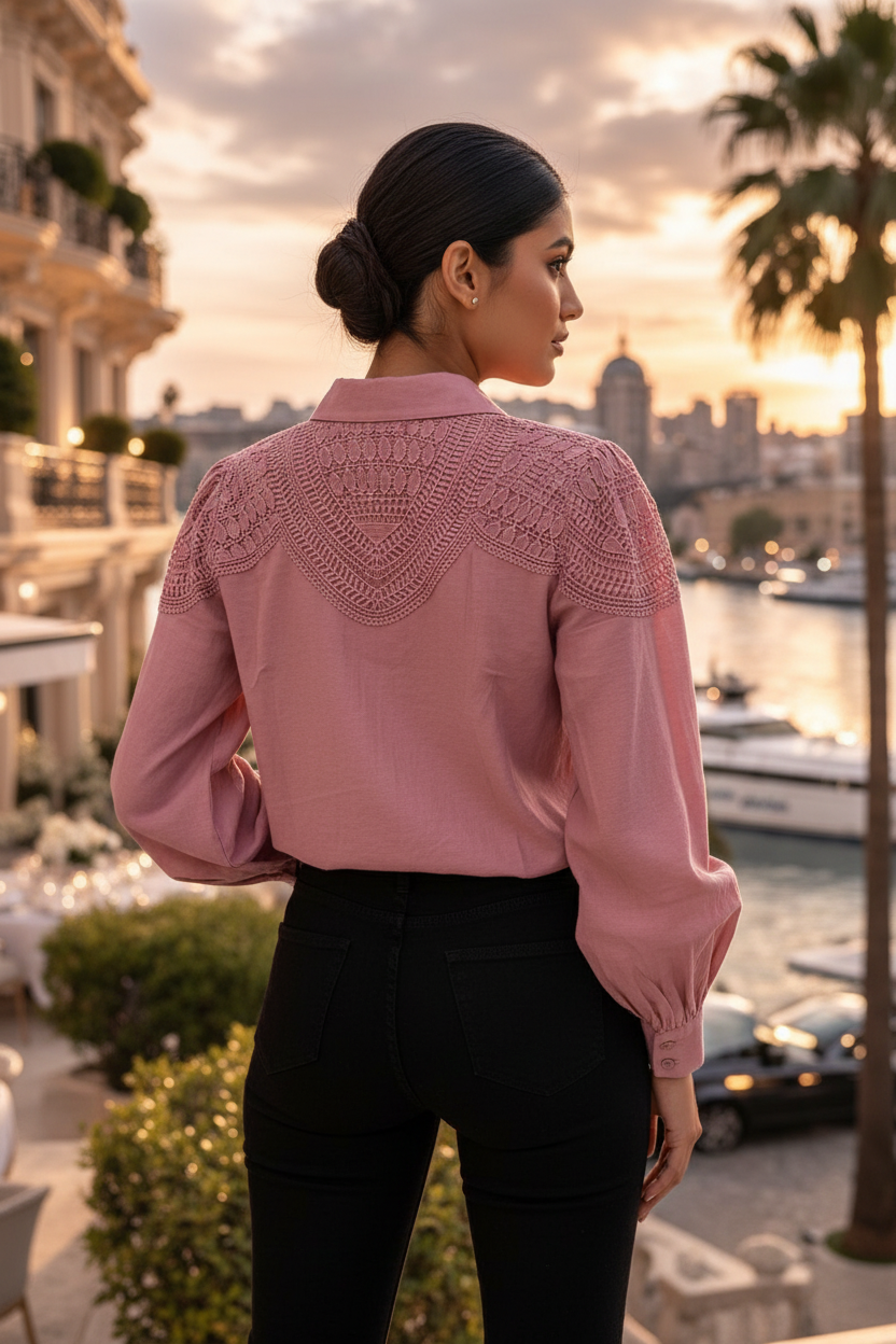 Indian model back view wearing pink crochet lace yoke shirt