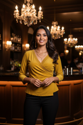 Indian model wearing Shimmer Wrap Blouse in Mustard – Size M