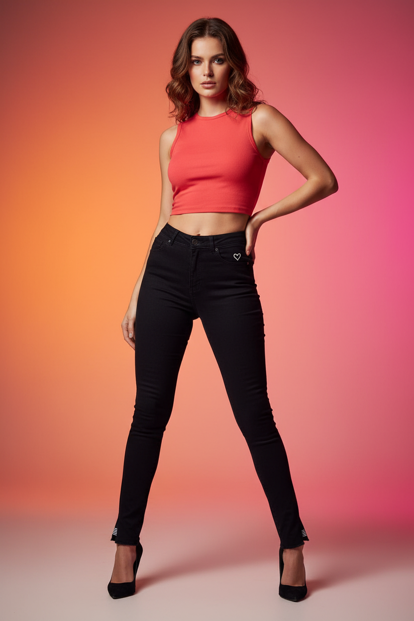 Female model wearing black skinny jeans with coral red crop top – vibrant gradient background