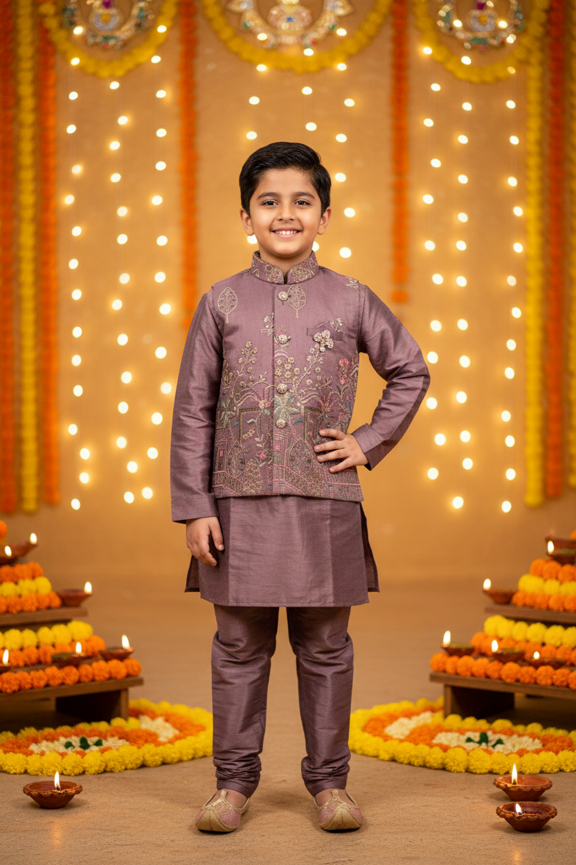 Boys Mauve Sherwani Set – Indian boy model Diwali festival background