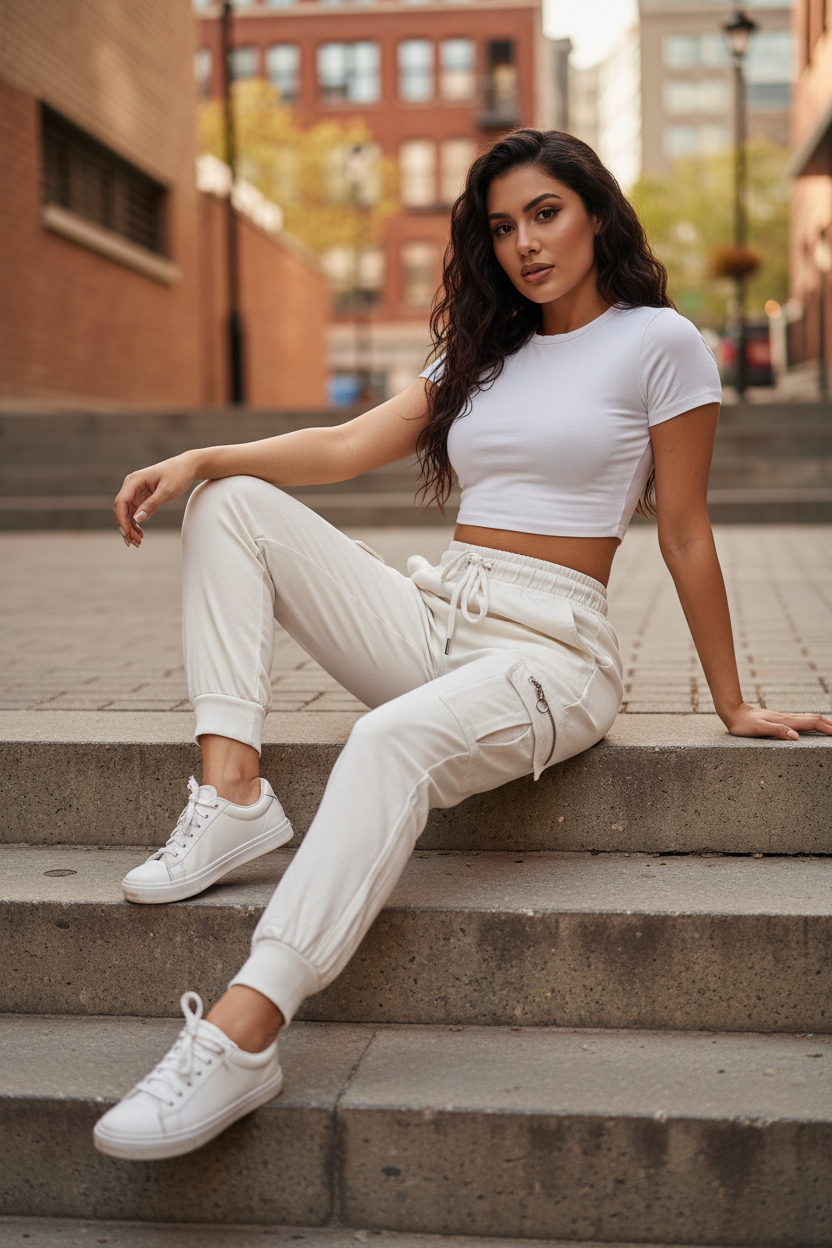 Female model wearing white cargo jogger pants sitting casually on steps – urban background