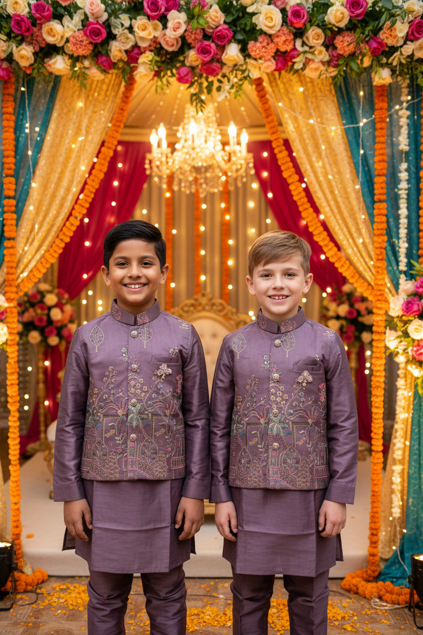 Boys Mauve Sherwani Set – Indian and Kiwi boys together wedding mandap background