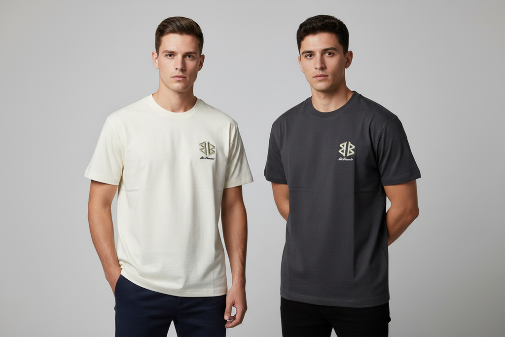 Geometric Logo Emblem Tee – both colours mixed model photo