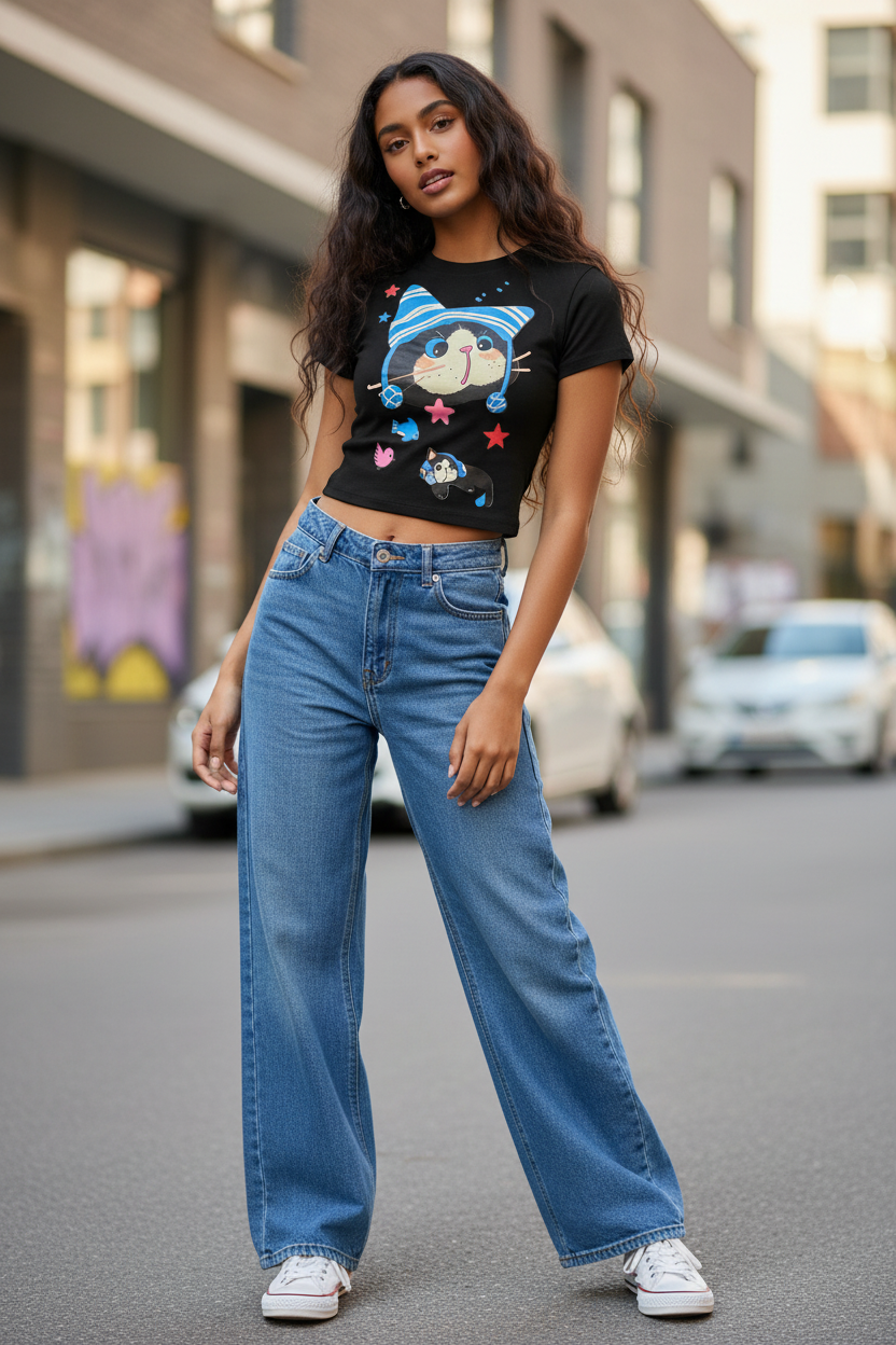 Indian teen model wearing black kawaii cat crop tee with jeans