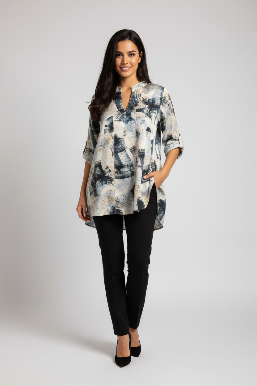 Model wearing Abstract Print Tunic Blouse in Blue White – 2XL