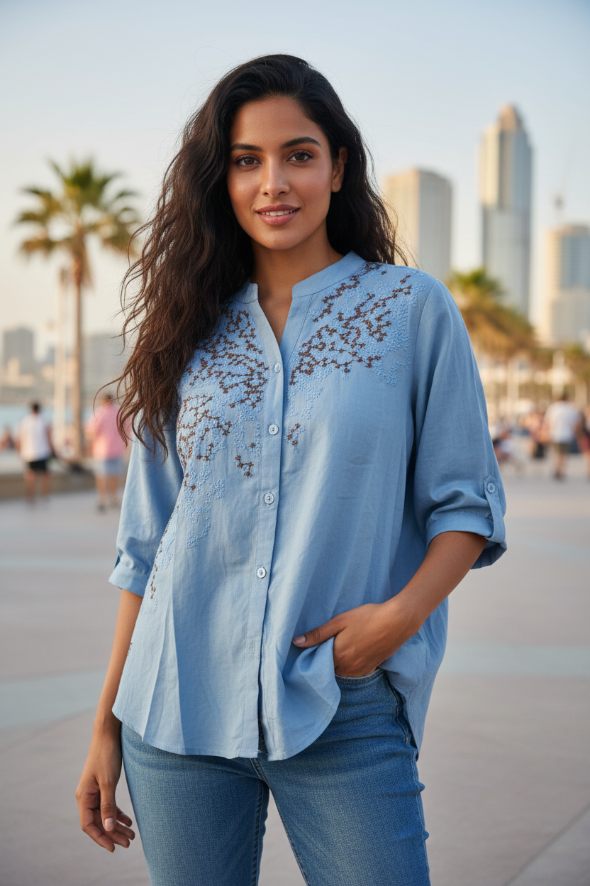 Indian model wearing steel blue star embroidered blouse with jeans