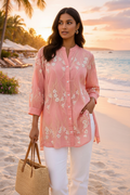 Floral Embroidered Blouse - Salmon Pink on Indian model