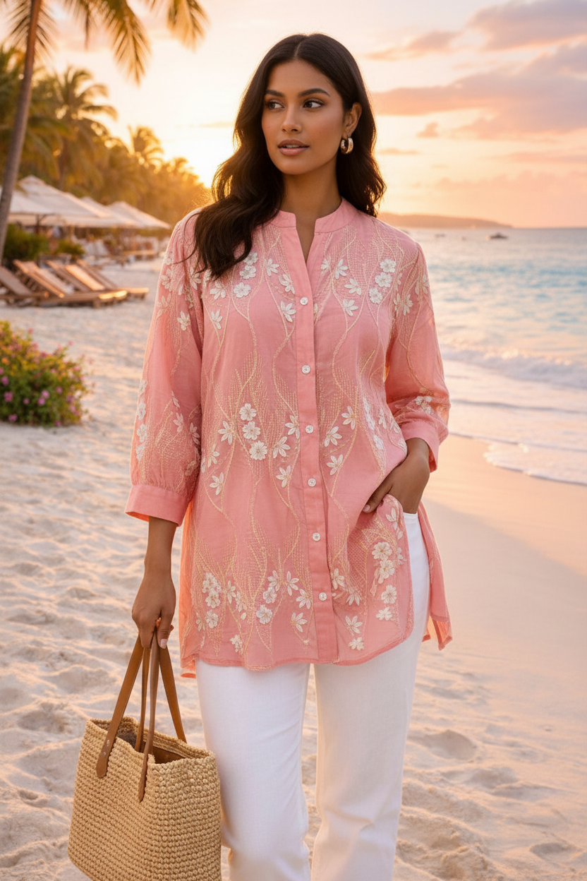 Floral Embroidered Blouse - Salmon Pink on Indian model