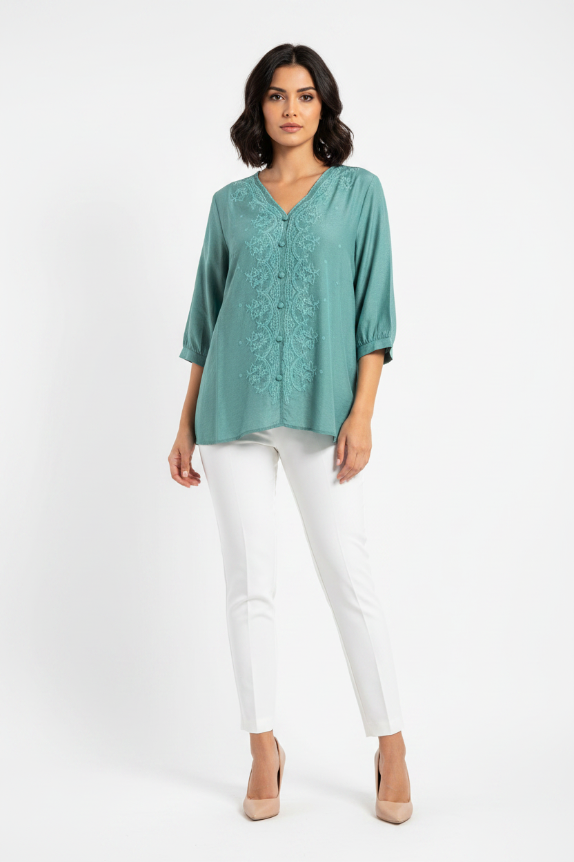 Lace Embroidered Shimmer Blouse - Teal Green on model