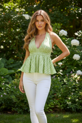 Gingham Halter Peplum Top - Green model photo