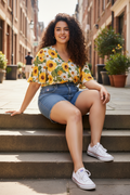 High waist denim shorts - curvy Indian model, urban street, floral blouse