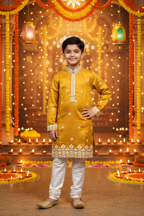 Boys Mustard Gold Kurta Set – Indian boy model Diwali festival background
