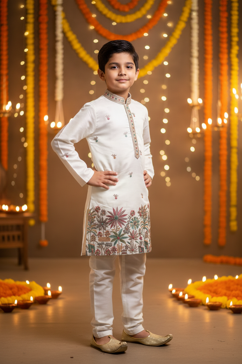 Boys White Tropical Embroidery Kurta Set – Indian boy model Diwali festival background