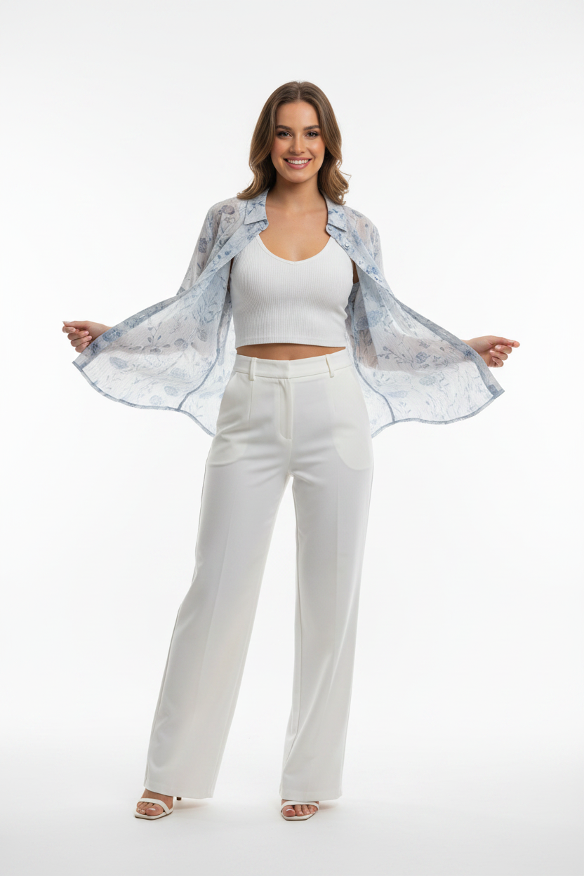 Floral 2-Piece Set - Blue/Grey open buttons model photo