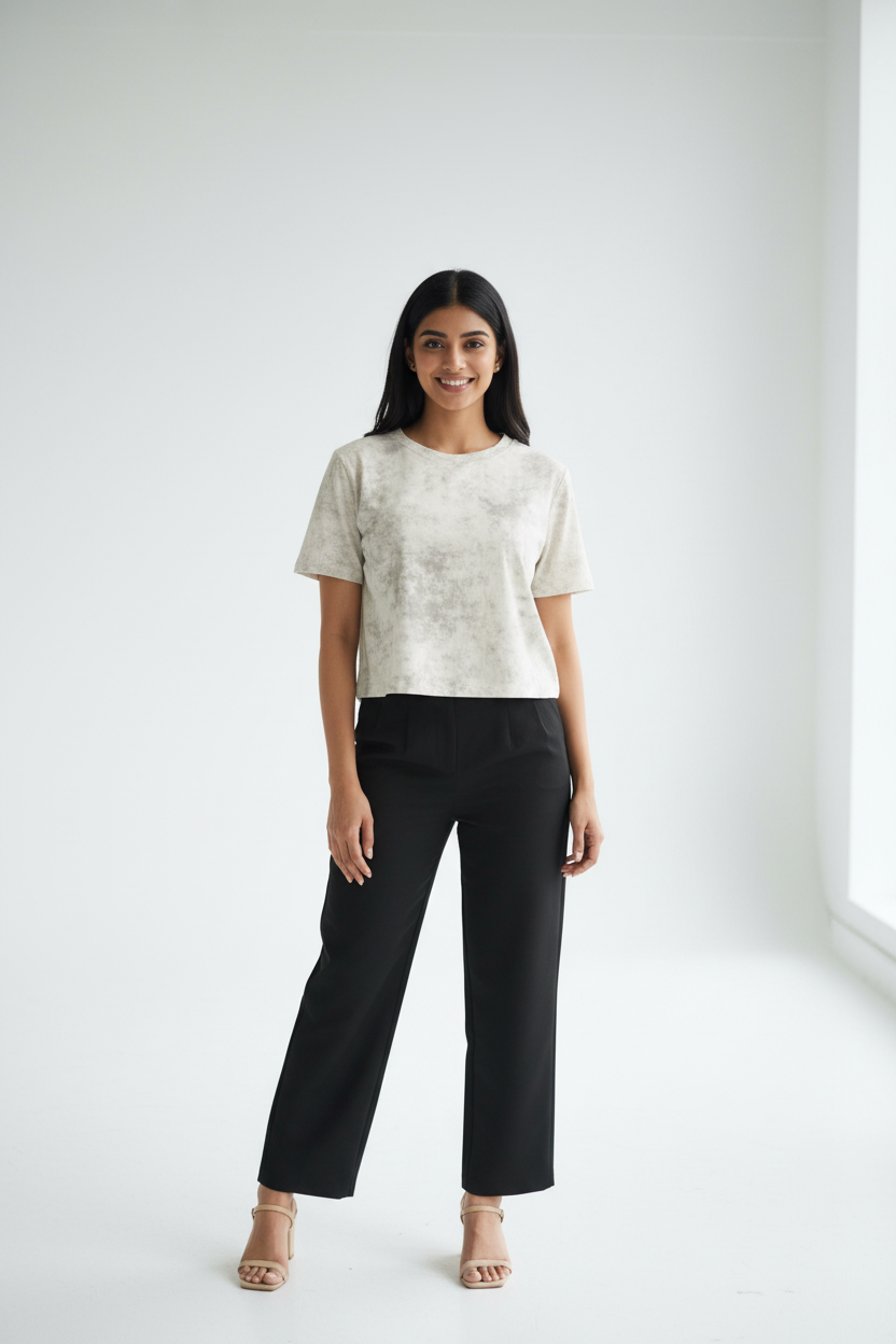 Tie-Dye Crop T-Shirt - Cream/Beige Indian model