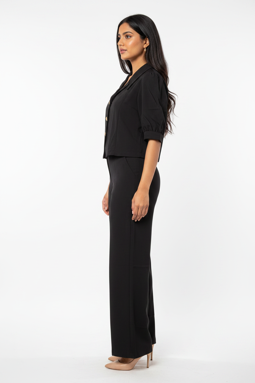Indian model wearing black puff sleeve blazer set - side profile