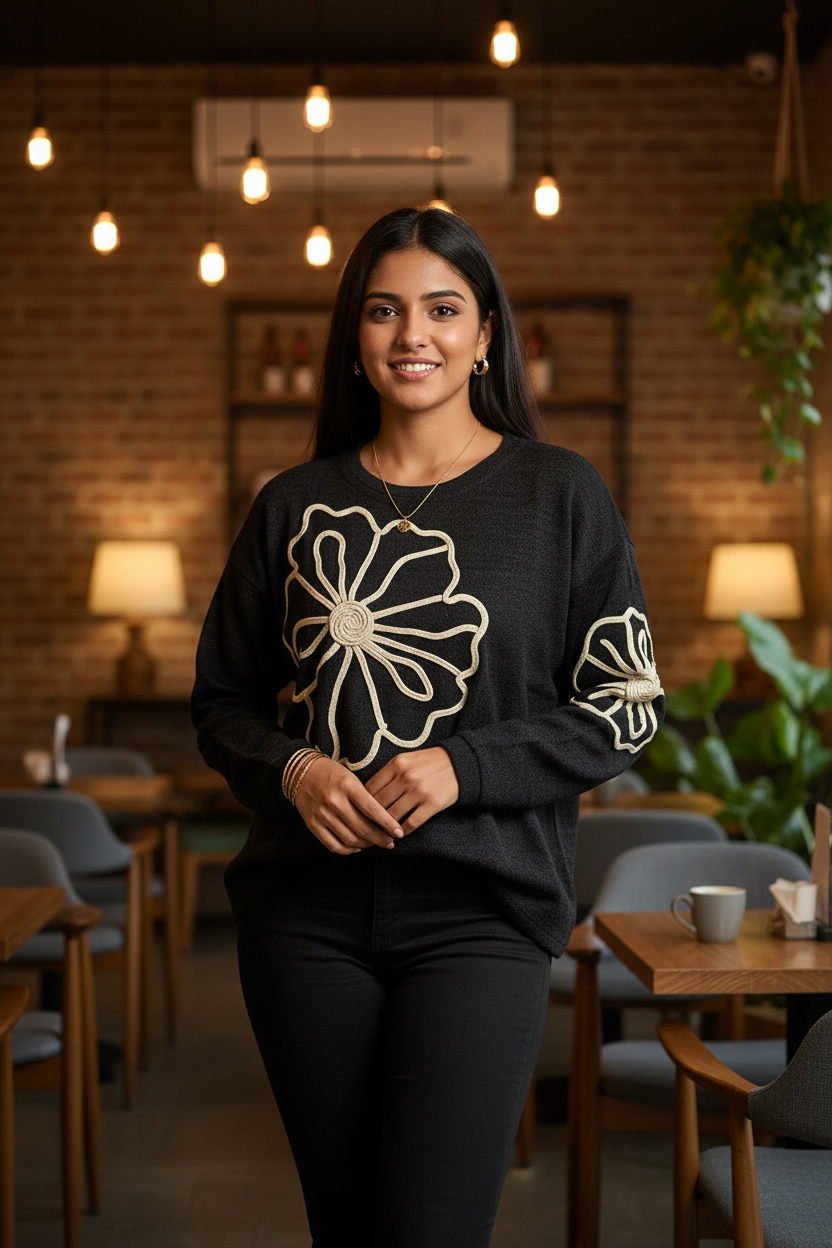 Indian model wearing Floral Embroidered Knit Sweater in Black – cafe