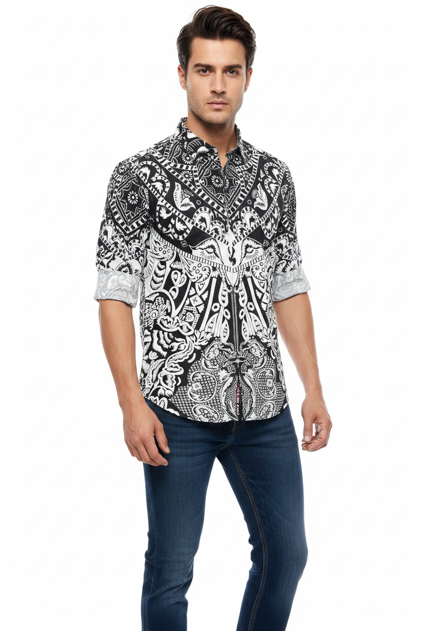 Male model wearing black dominant Giza digital print shirt untucked with jeans