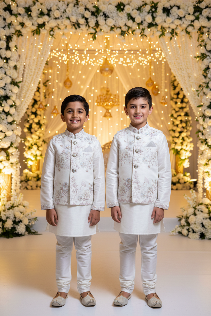 Boys White Silk Kurta Koti Set – Indian and Kiwi boys together wedding mandap background
