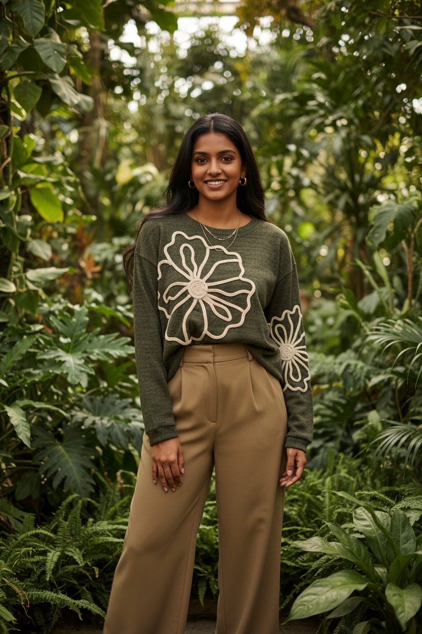 Indian model wearing Floral Embroidered Knit Sweater in Olive Green – botanical garden