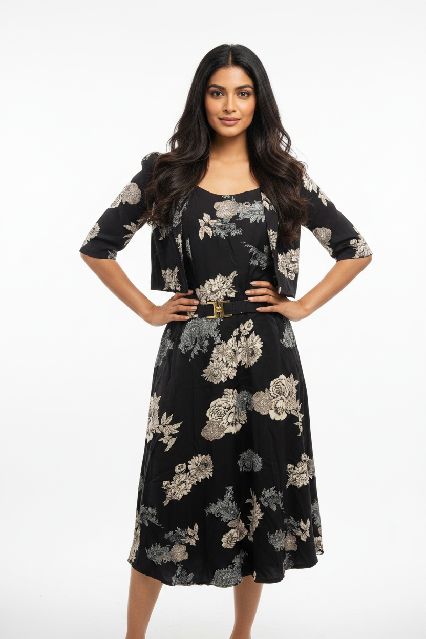 Indian model wearing black floral dress and jacket two-piece set