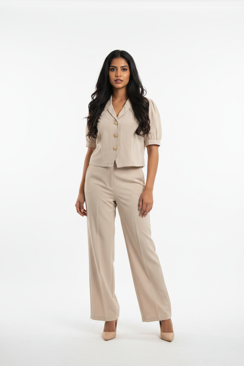 Indian model wearing cream puff sleeve blazer and wide-leg trouser set