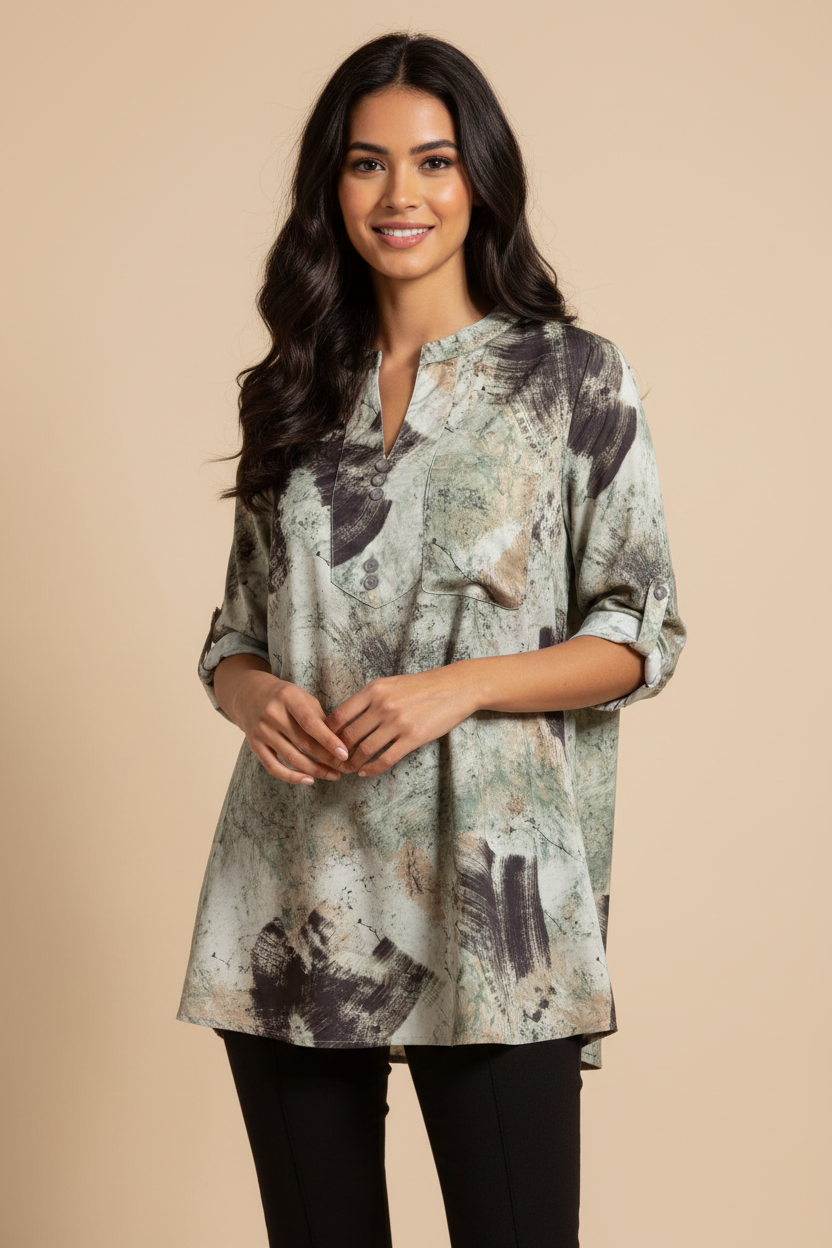 Model wearing Abstract Print Tunic Blouse in Sage Green Grey – 2XL