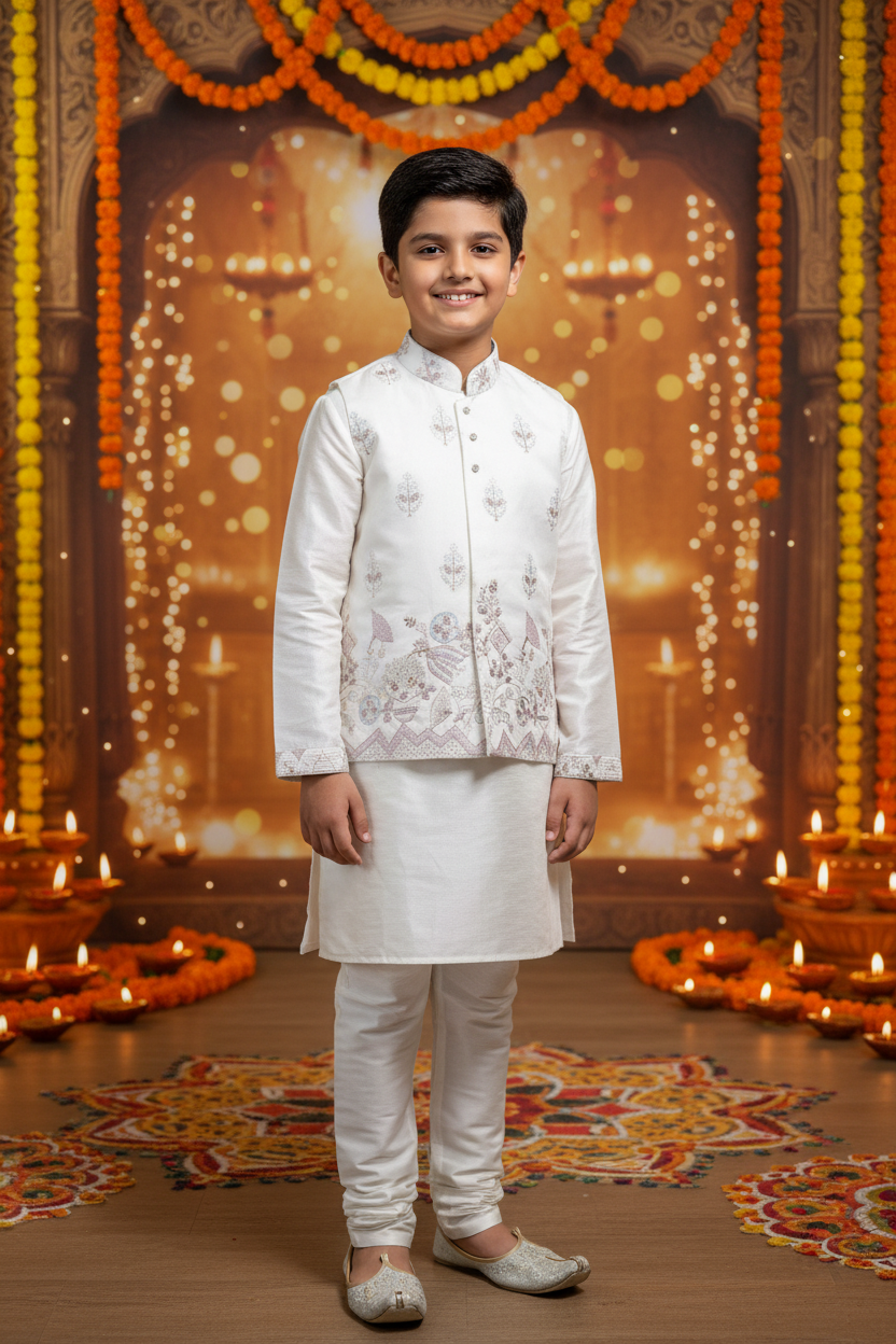 Boys White Silk Kurta Koti Set – Indian boy model Diwali festival background
