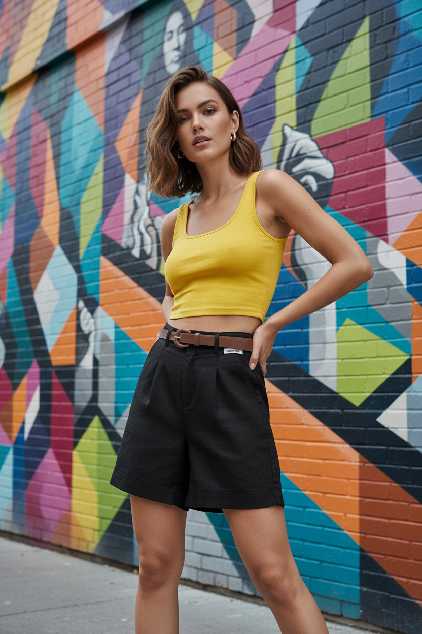 Female model wearing black linen shorts with yellow crop top – street art background