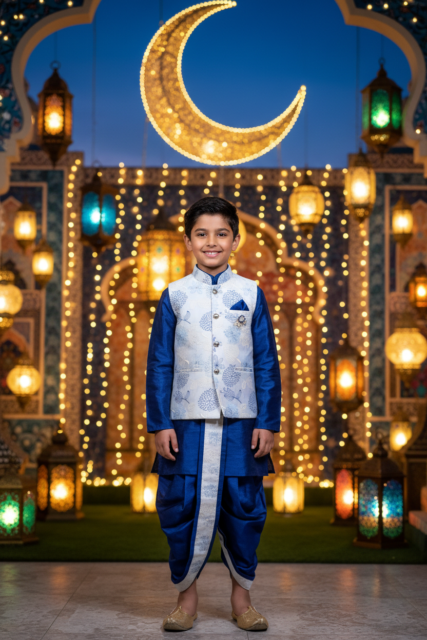 Boys Royal Blue Kurta Koti Dhoti Set – Kiwi boy model with jutti Eid festival background