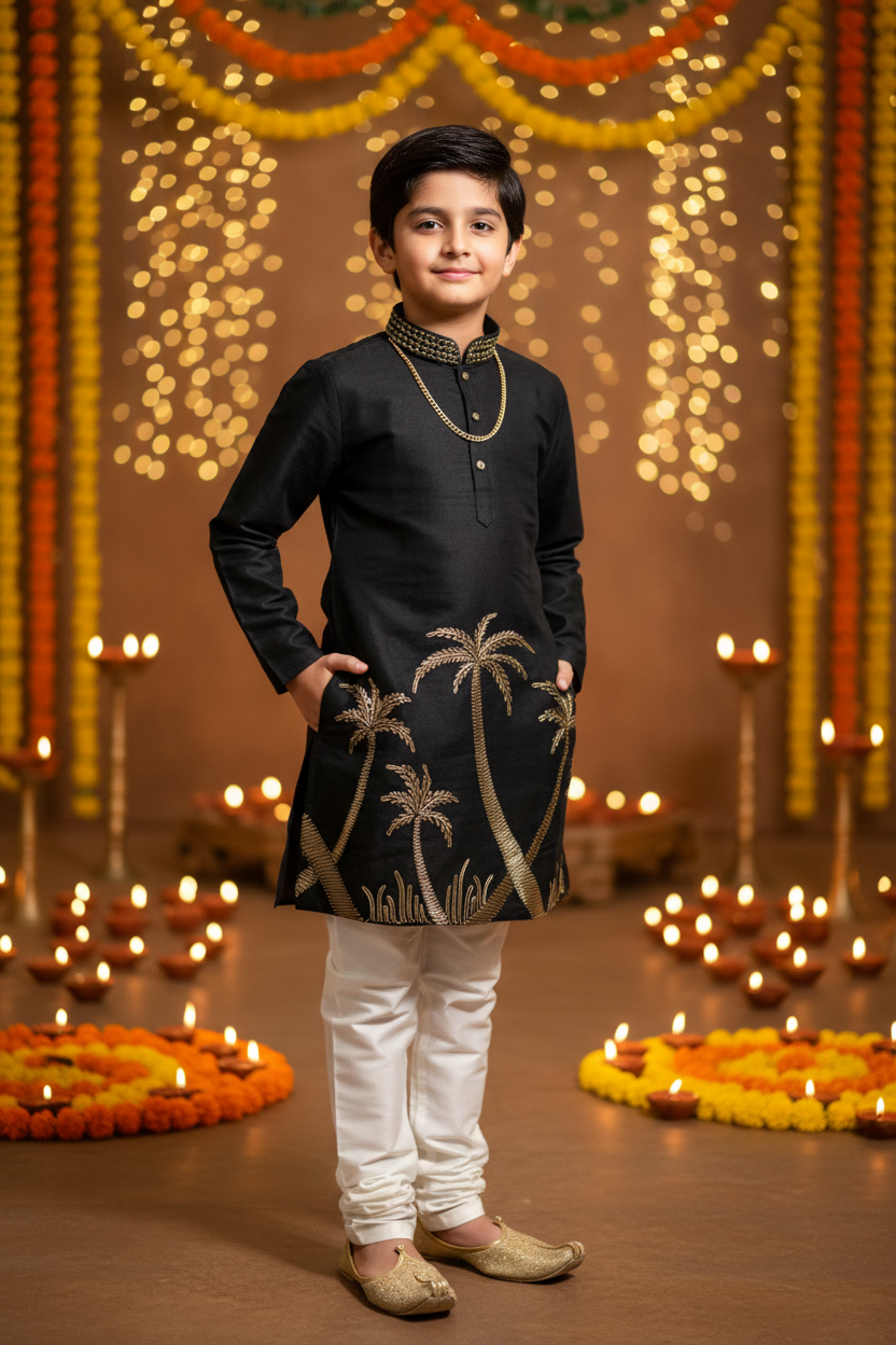 Boys Black Gold Palm Tree Kurta Set – Indian boy model Diwali festival background