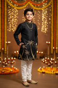 Boys Black Gold Palm Tree Kurta Set – Indian boy model Diwali festival background