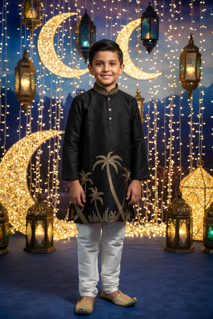 Boys Black Gold Palm Tree Kurta Set – Kiwi boy model Eid festival background