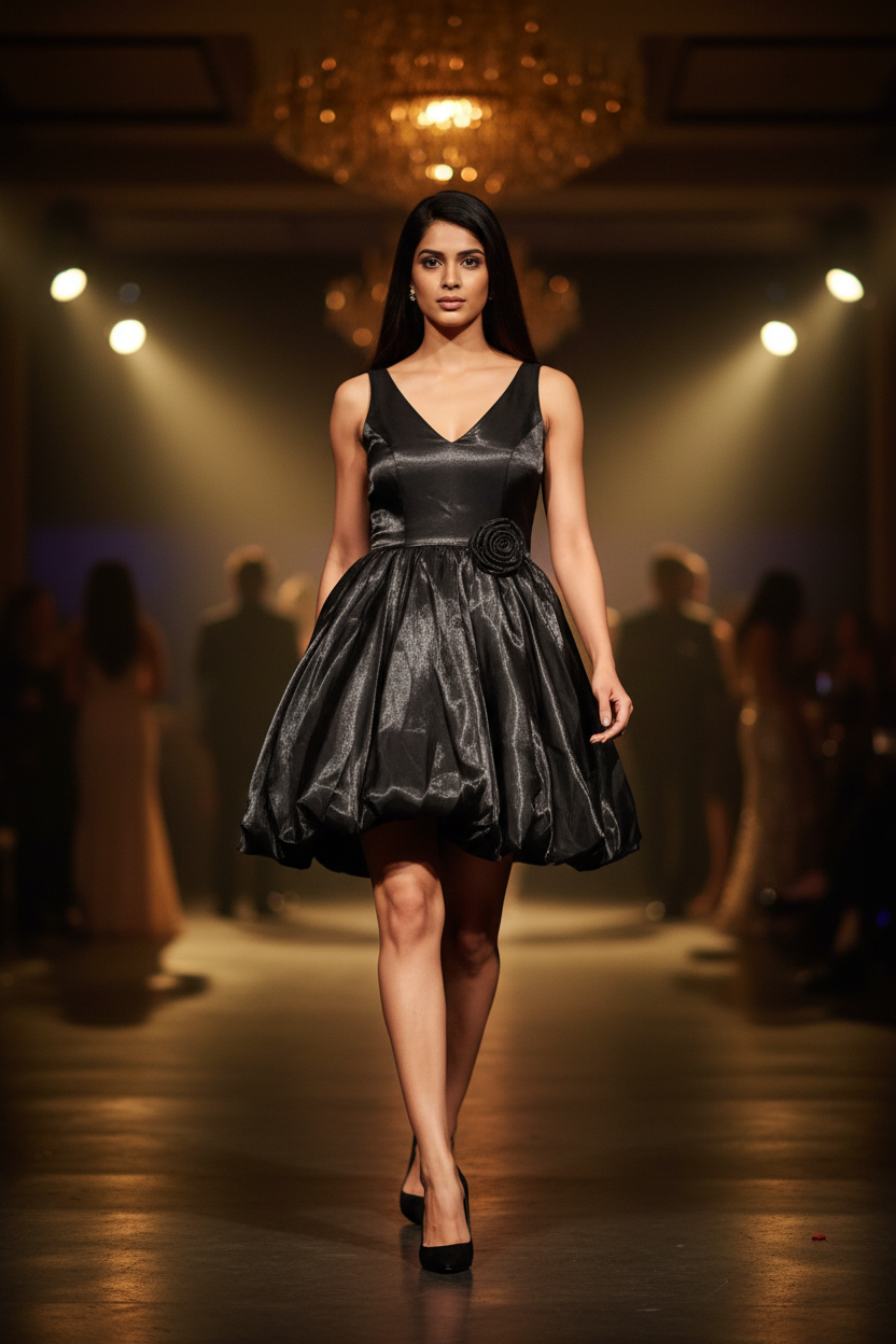 Black rose corsage bubble dress - athletic Indian model, cocktail party