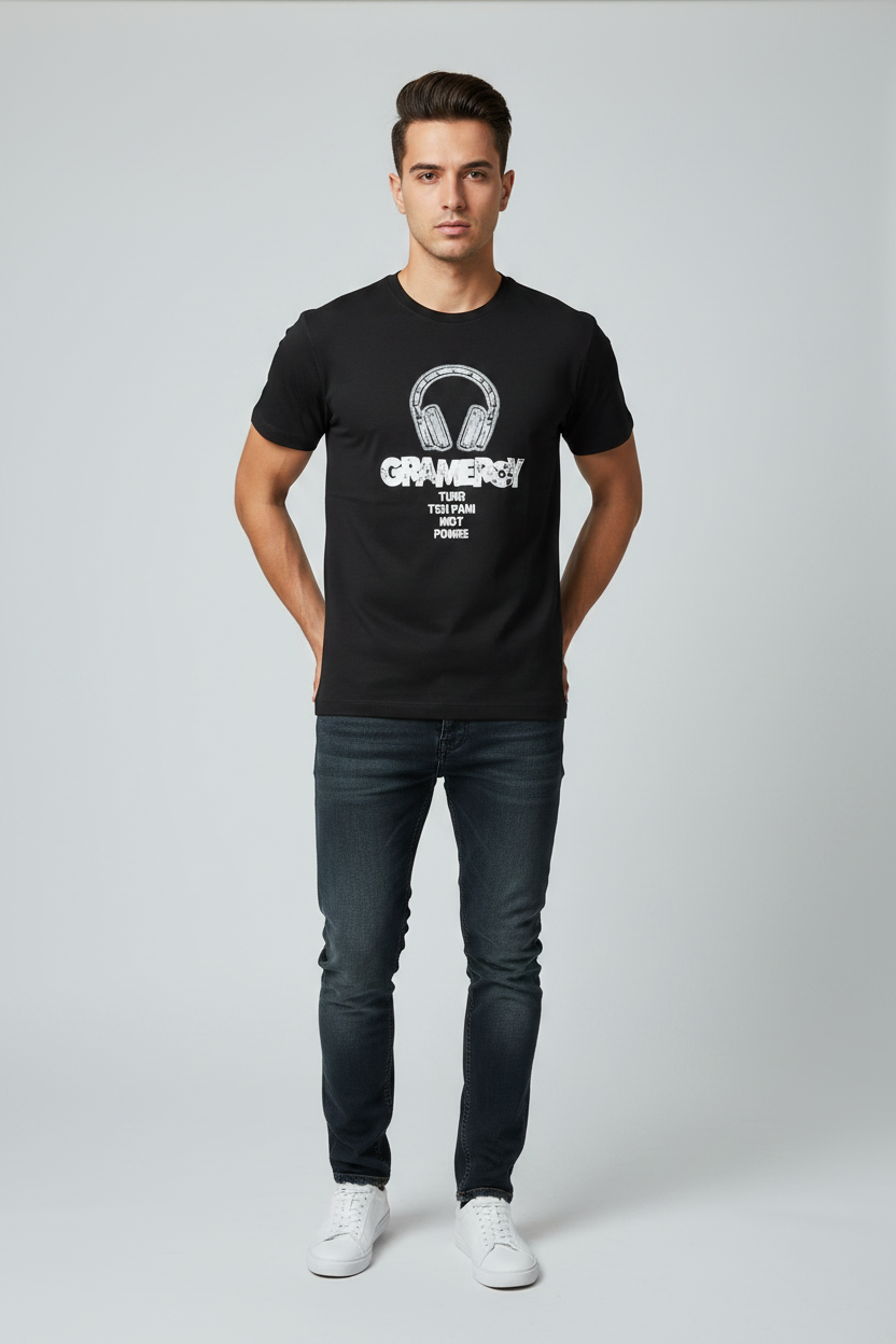 Gramercy Headphones Tee – Black model photo
