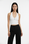 Model wearing White Rhinestone Halter Top – front view