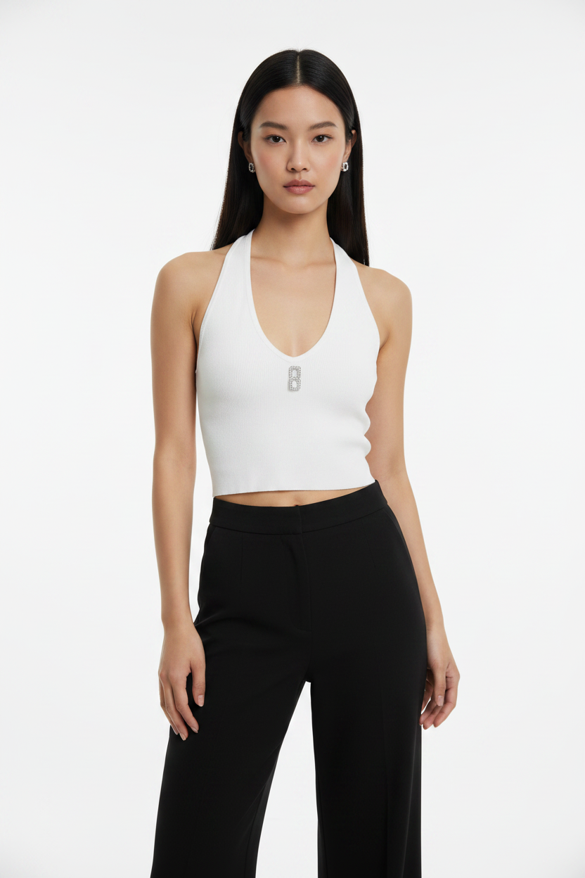 Model wearing White Rhinestone Halter Top – front view