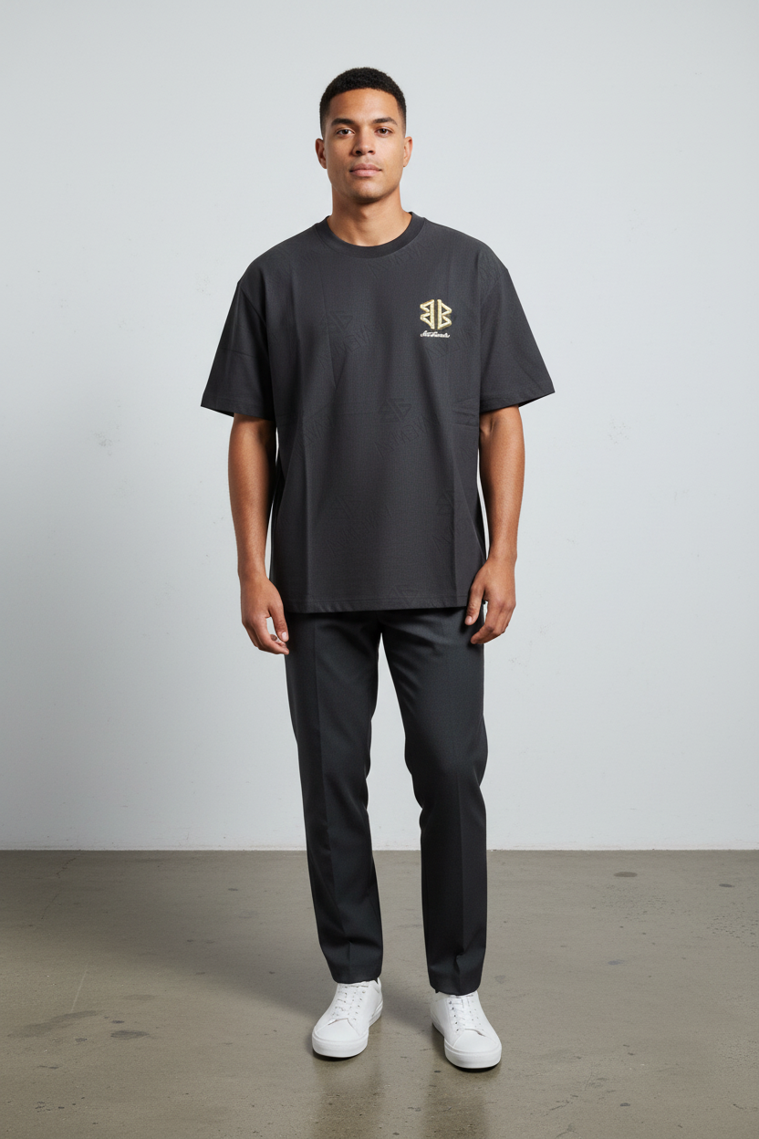 Geometric Logo Emblem Tee – Charcoal model photo
