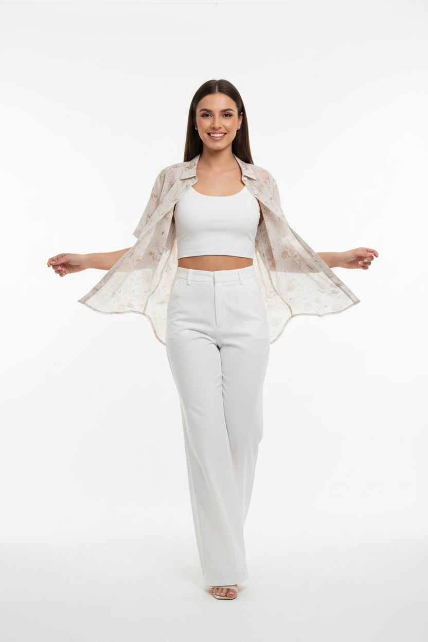 Floral 2-Piece Set - Beige/Gold open buttons model photo