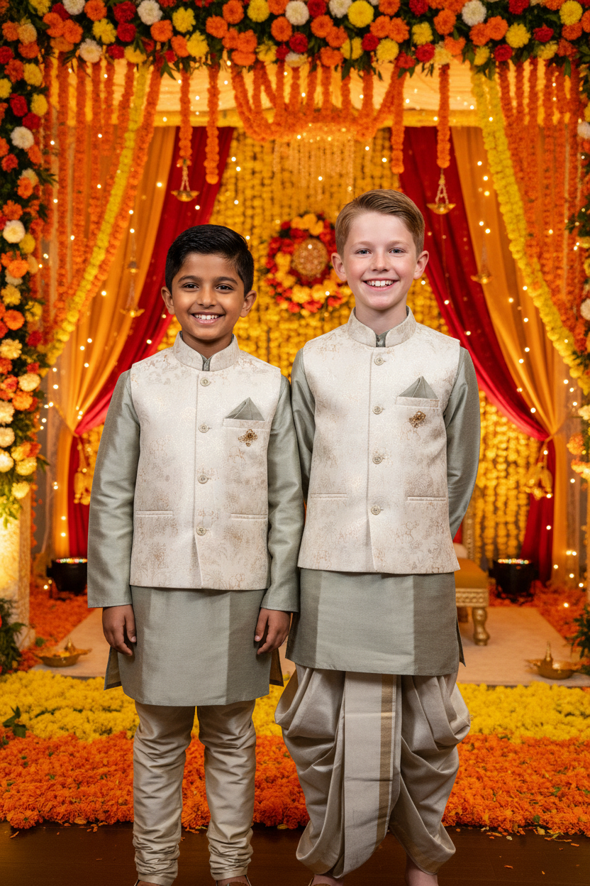 Boys Silver Grey Kurta Koti Set – Indian and Kiwi boys together wedding mandap background