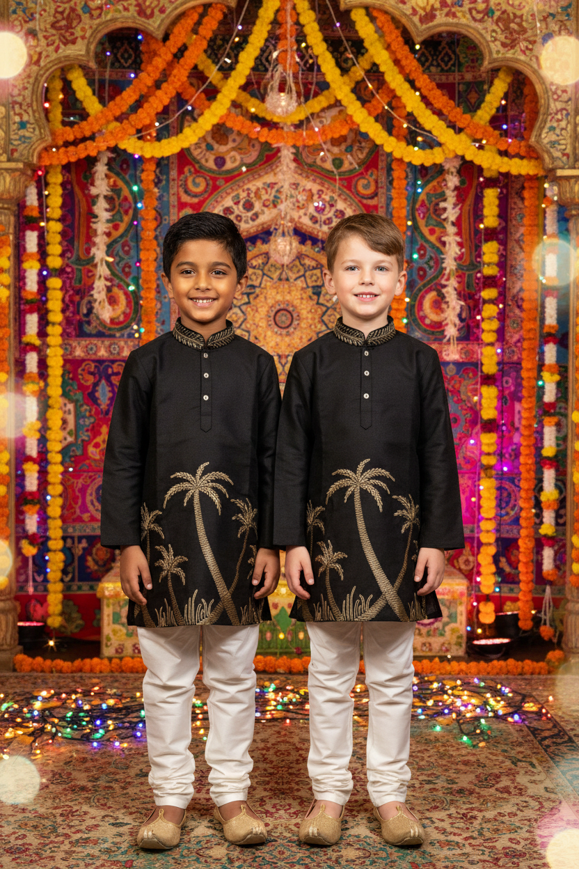 Boys Black Gold Palm Tree Kurta Set – Indian and Kiwi boys together Navratri festival background