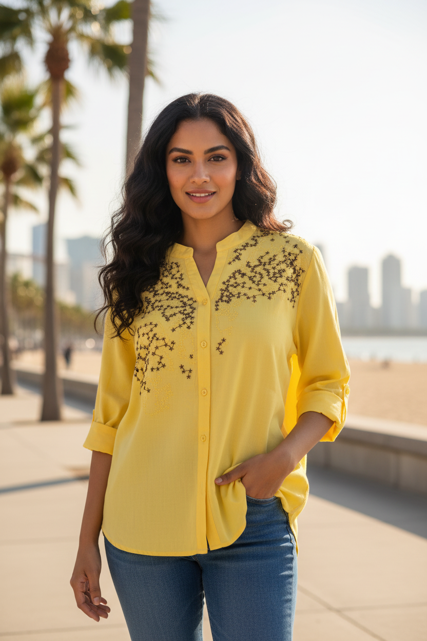 Indian model wearing yellow star embroidered blouse with jeans
