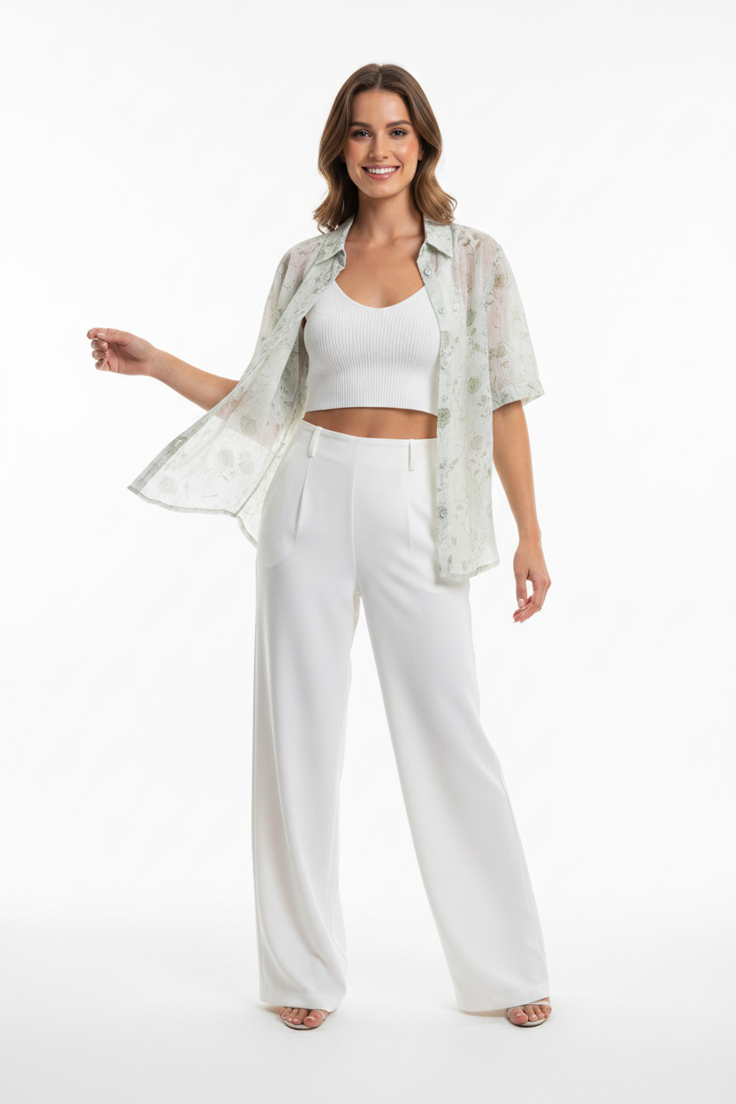 Floral 2-Piece Set - Green/Sage open buttons model photo